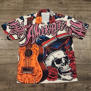 Hawaiian Shirt Guitar Skull Red Roses "Day Of The Dead" Size L